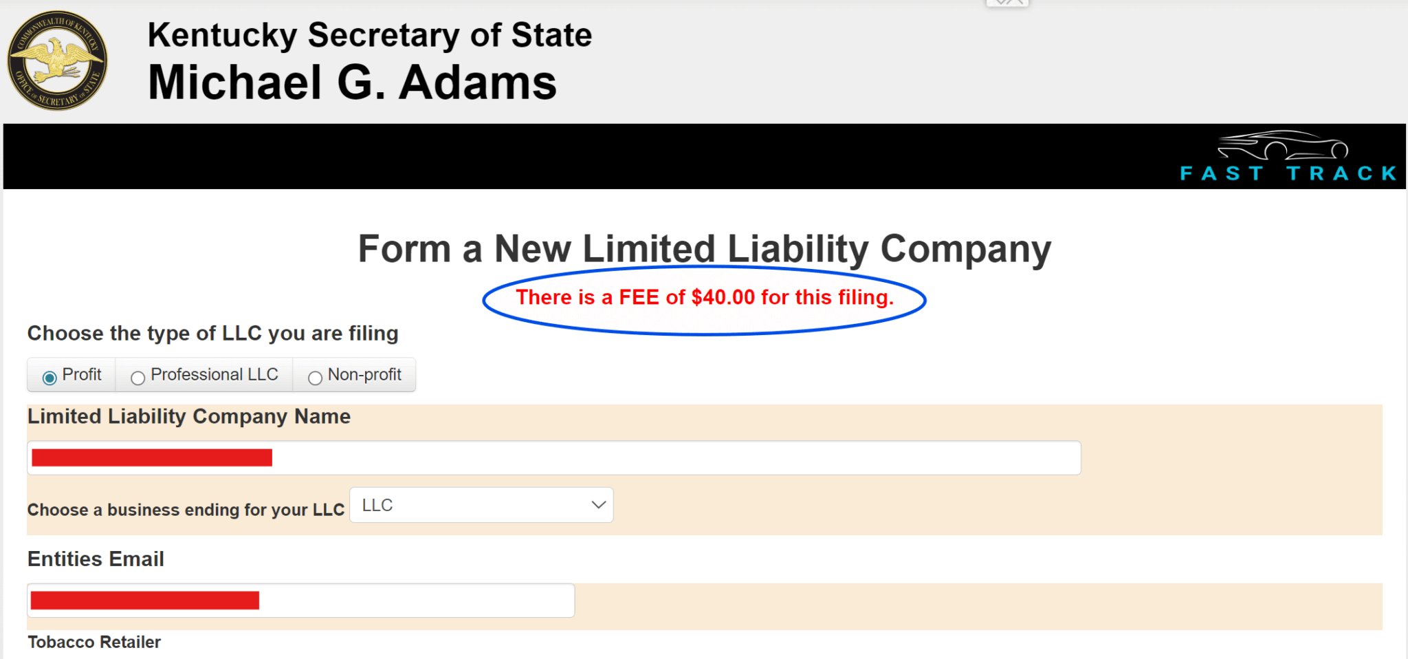 LLC Cost in Kentucky (2026): Filing Fees, Annual Report & LLET 2 Screenshot of the Kentucky LLC filing interface