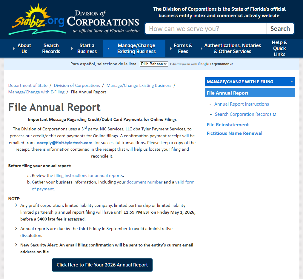 Florida LLC Annual Report: Deadlines, Filing Steps, and Compliance Essentials 1 Official Sunbiz Annual Report filing page