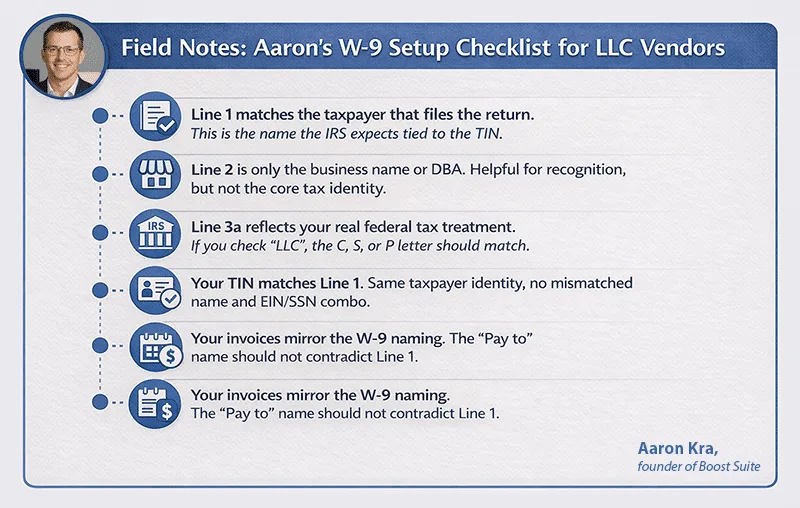 W-9 setup checklist for LLC vendors