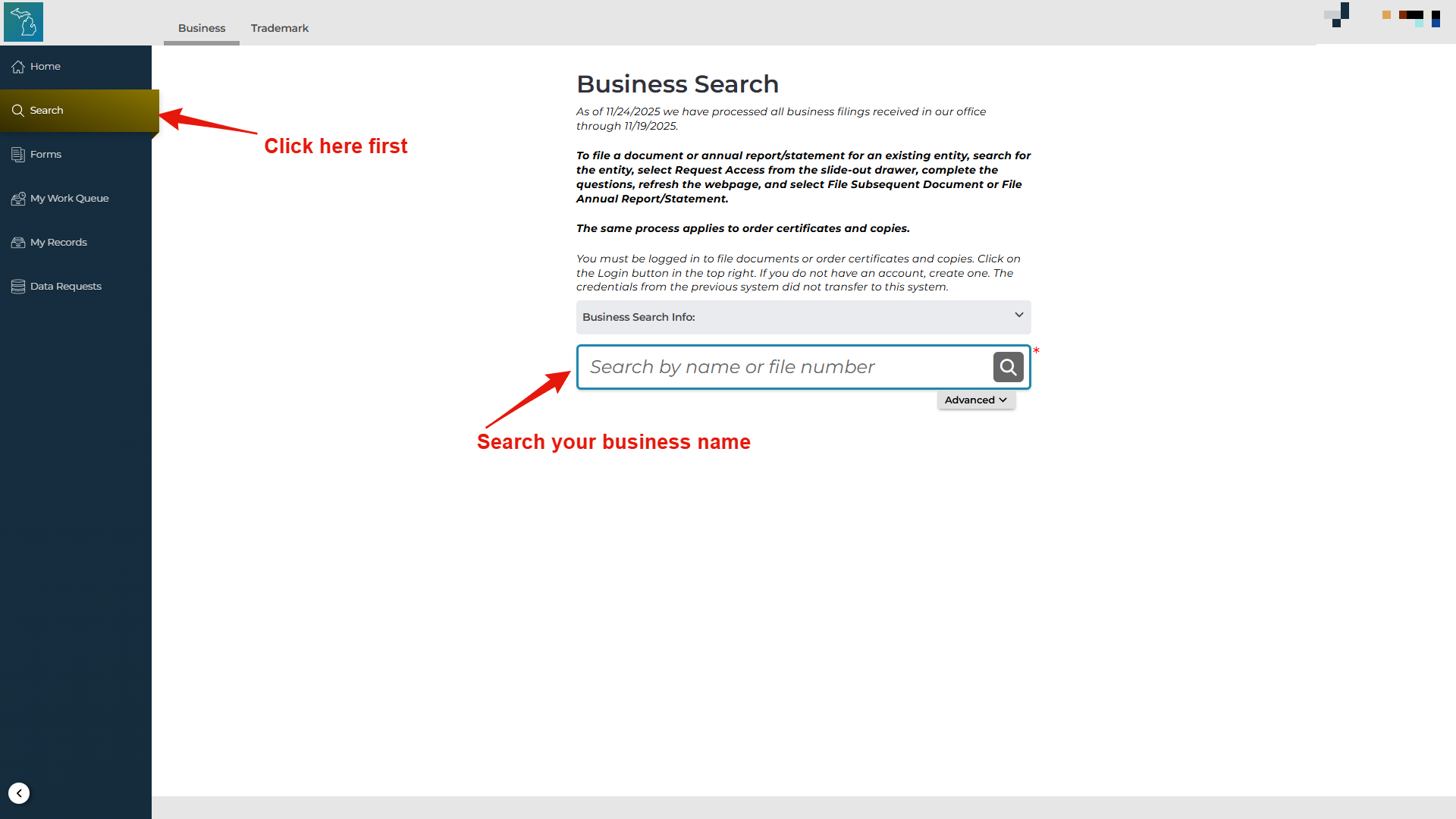 LLC Cost in Michigan (2026 Guide to All Formation & Ongoing Fees) 3 Michigan Business Entity Search button