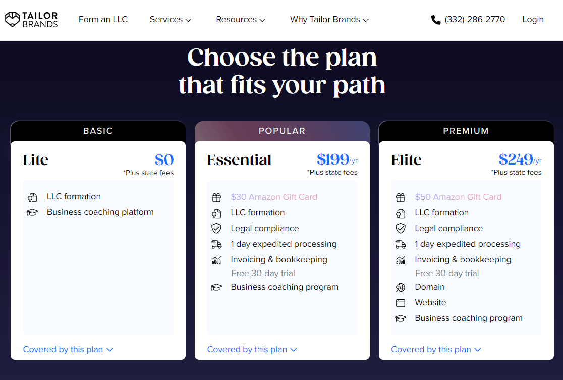 Best LLC Formation Services in Ohio (2026): 12 Providers Compared 12 Tailor Brands LLC Formation Pricing page