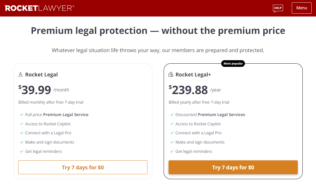 Best LLC Formation Services in Ohio (2026): 12 Providers Compared 9 RocketLawyer Pricing Plans page