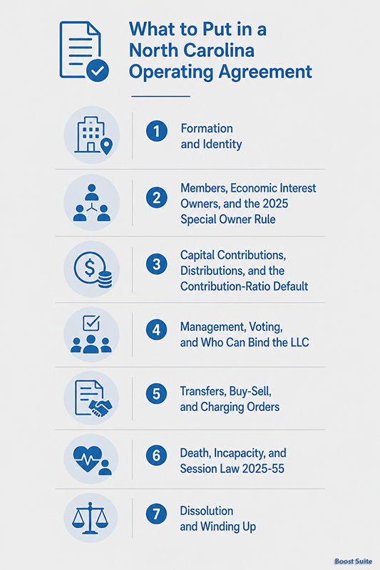 North Carolina LLC Operating Agreement: Free Template + Chapter 57D Guide (2026) 1 North Carolina operating agreement clauses