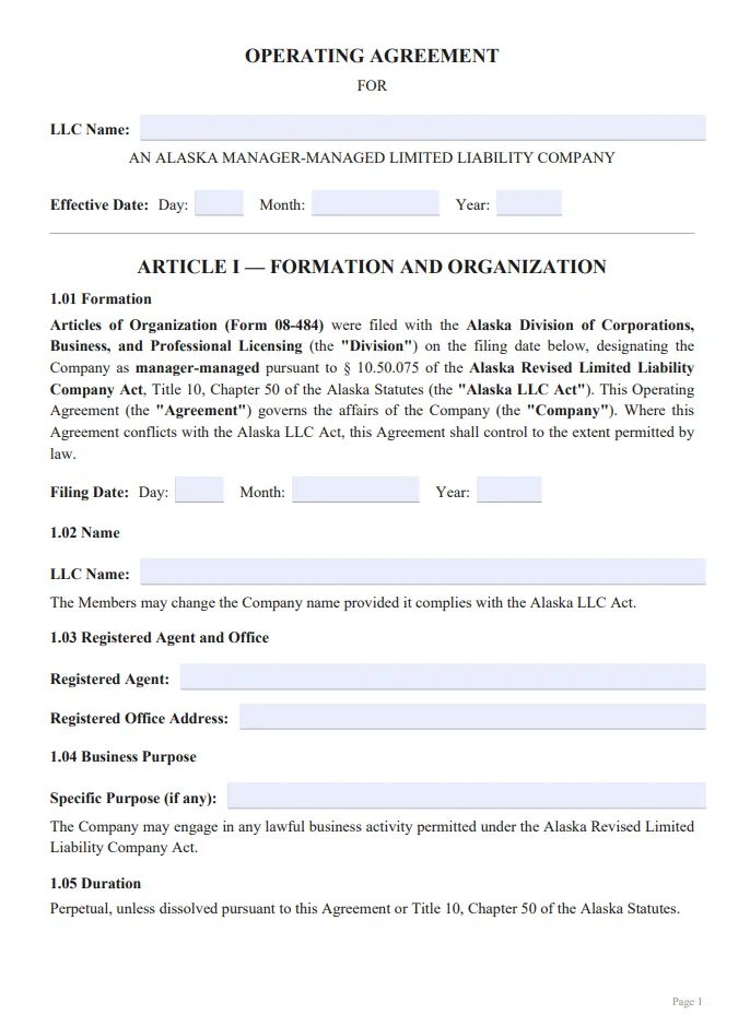 Alaska Manager-Managed Operating Agreement - Free Updated Template for 2026