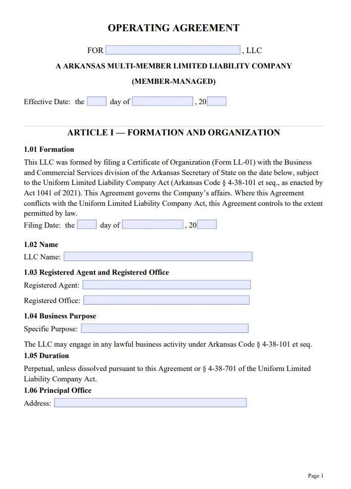 Arkansas Multi-Member Operating Agreement - Free Updated Template for 2026