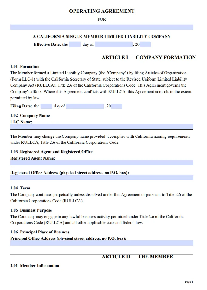 California Single-Member Operating Agreement - Free Updated Template for 2026