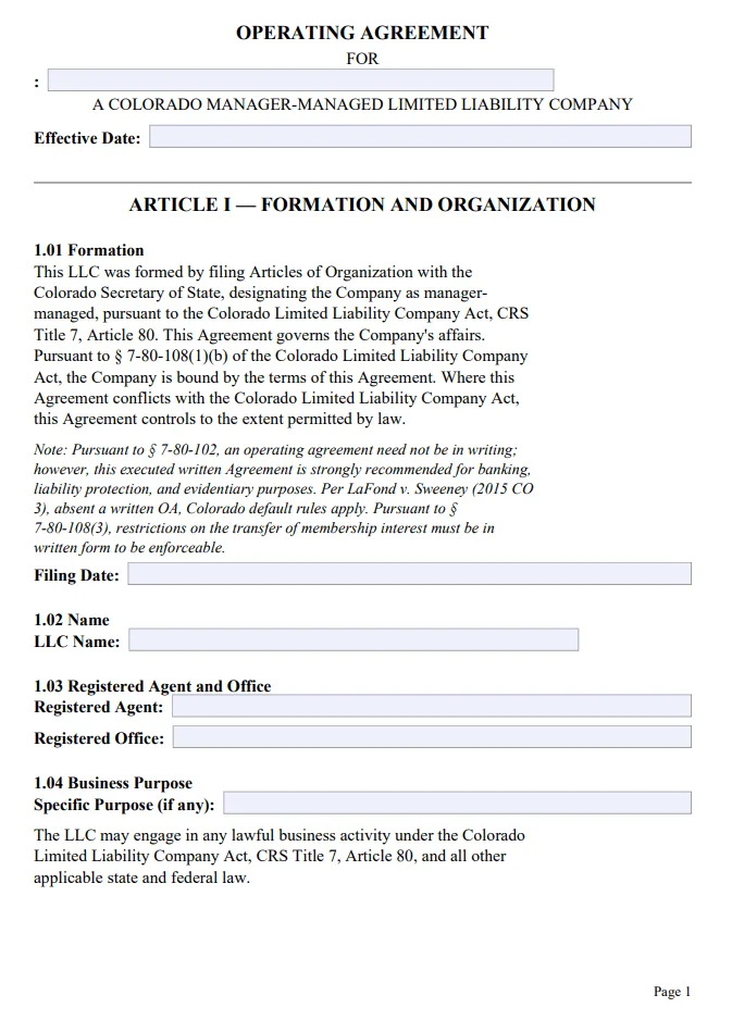 Colorado Manager-Managed Operating Agreement - Free Updated Template for 2026