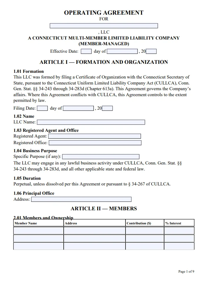 Connecticut Multi-Member Operating Agreement - Free Updated Template for 2026