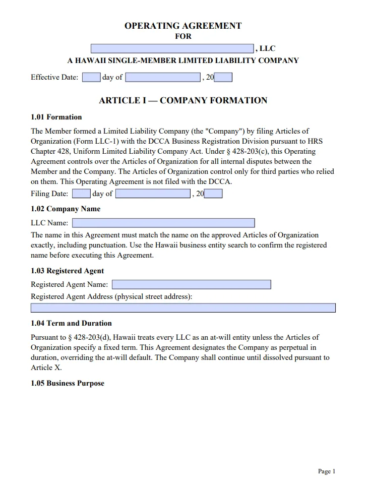 Hawaii Single-Member Operating Agreement - Free Updated Template for 2026