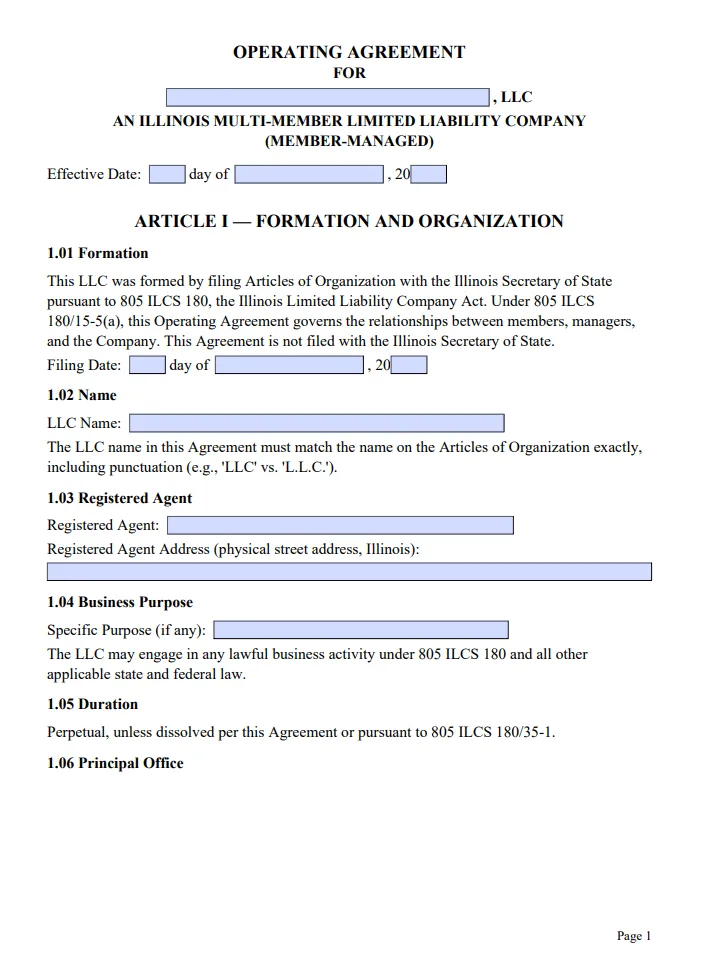 Illinois Multi-Member Operating Agreement - Free Updated Template for 2026