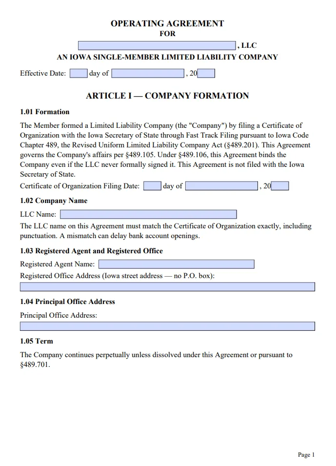 Iowa Single-Member Operating Agreement - Free Updated Template for 2026