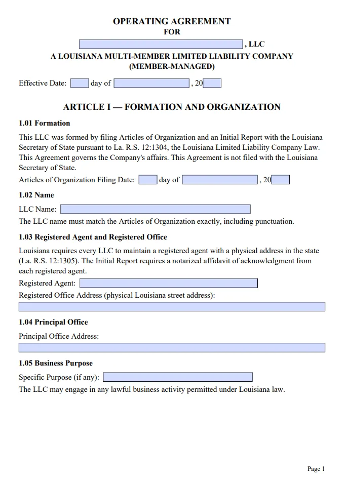 Louisiana Multi-Member Operating Agreement - Free Updated Template for 2026