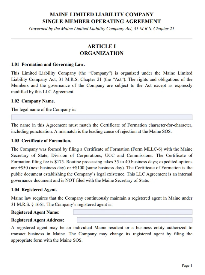 Maine Single-Member Operating Agreement - Free Updated Template for 2026