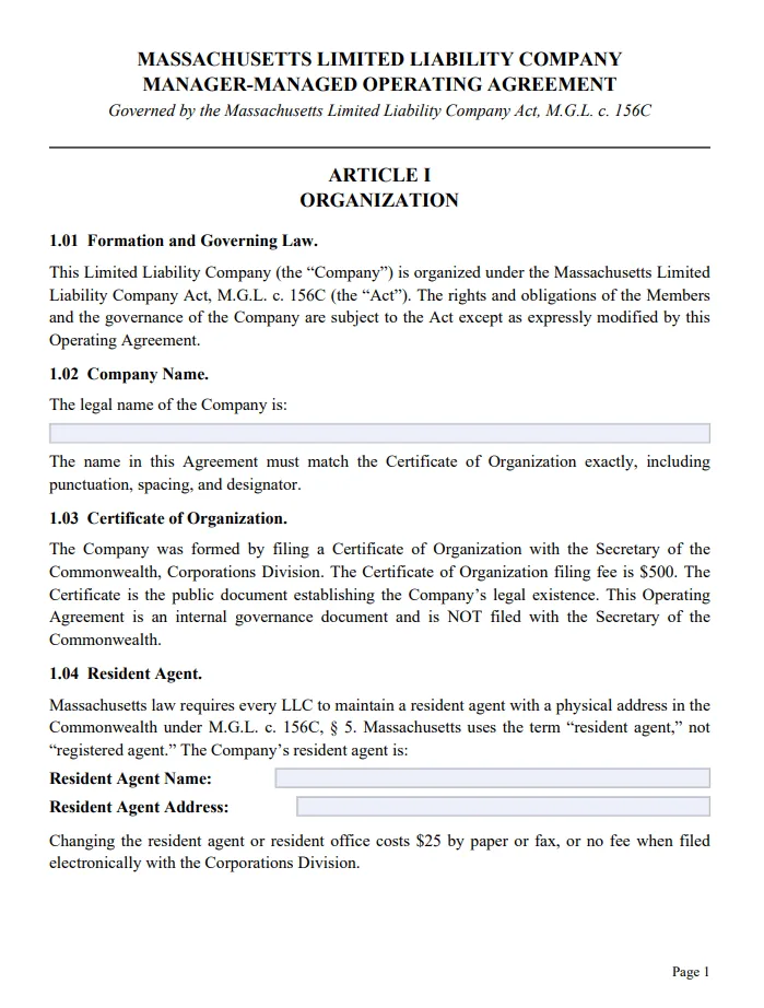 Massachusetts Manager-Managed Operating Agreement - Free Updated Template for 2026