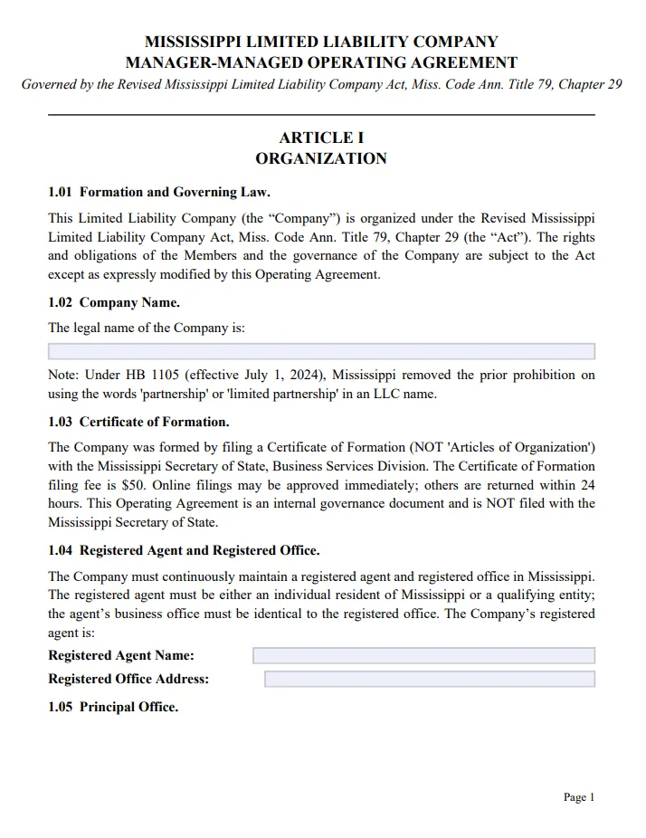Mississippi Manager-Managed Operating Agreement - Free Updated Template for 2026