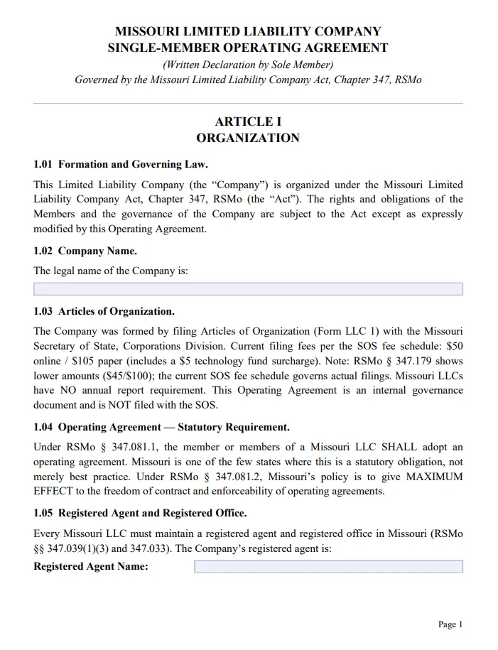 Missouri Single-Member Operating Agreement - Free Updated Template for 2026