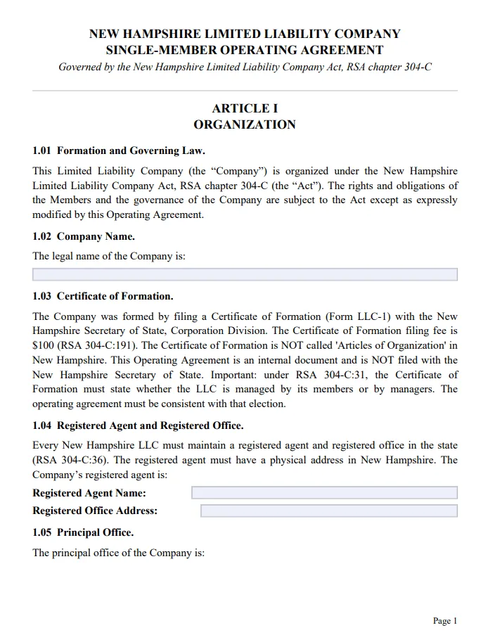 New Hampshire Single-Member Operating Agreement - Free Updated Template for 2026