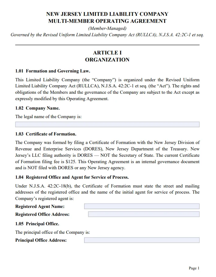 New Jersey LLC operating agreement template preview New Jersey Multi-Member Operating Agreement - Free Updated Template for 2026
