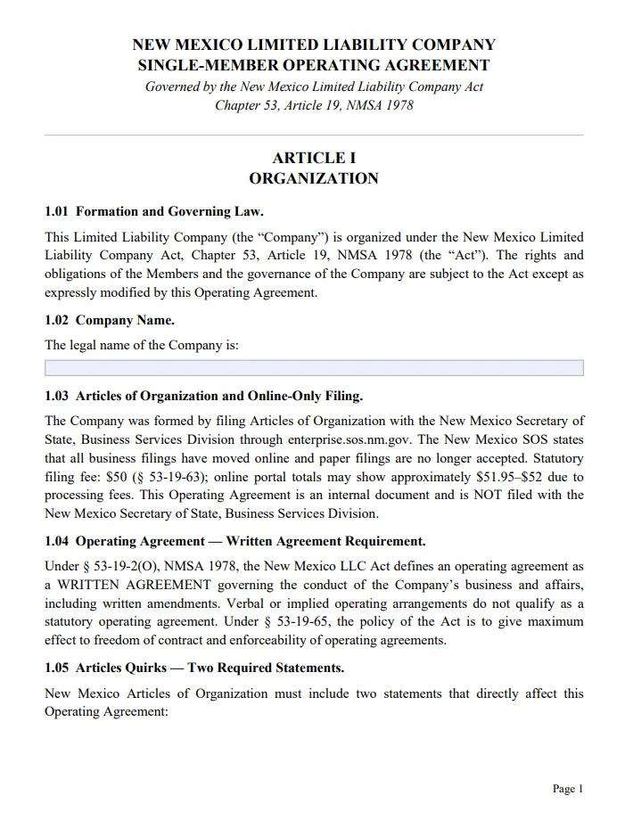 New Mexico Single-Member Operating Agreement - Free Updated Template for 2026