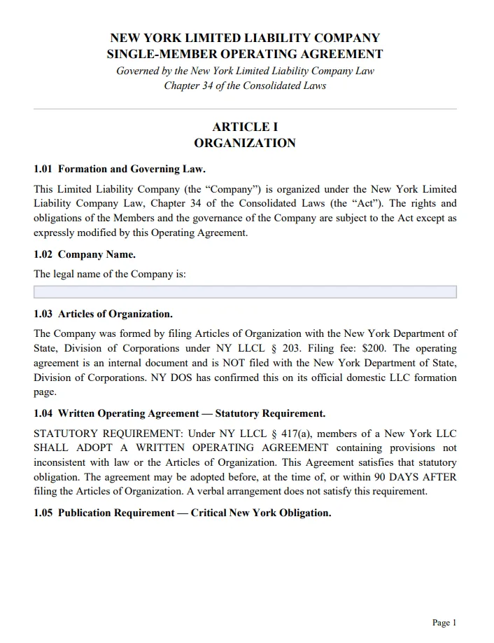 New York Single-Member Operating Agreement - Free Updated Template for 2026