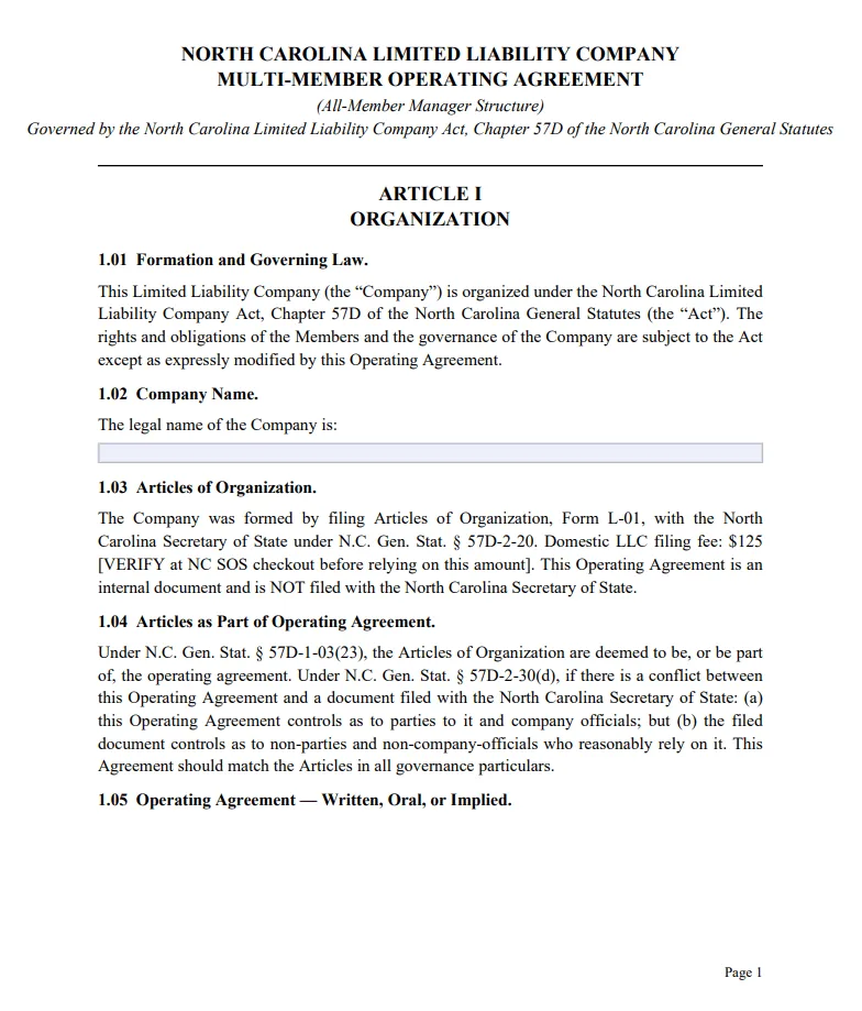 North Carolina Multi-Member Operating Agreement - Free Updated Template for 2026