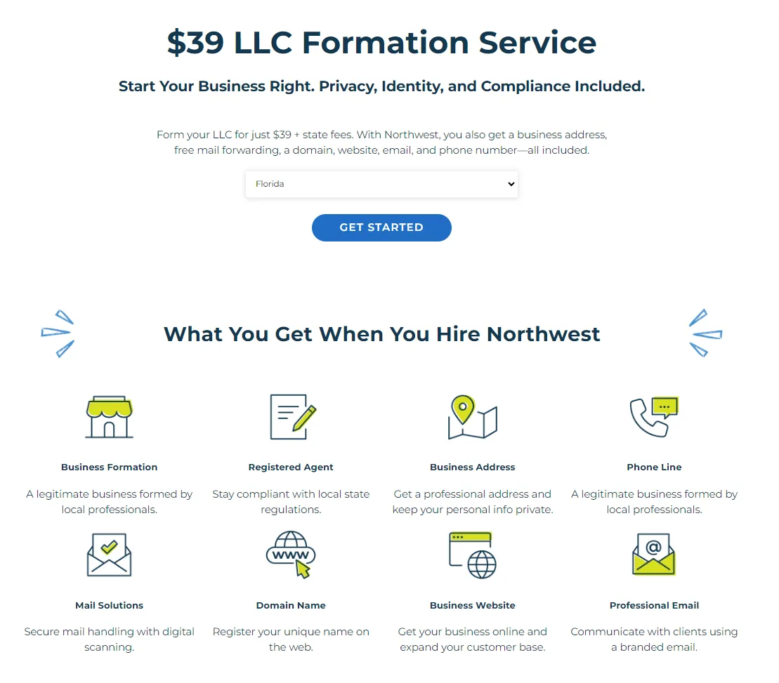 Northwest Registered Agent LLC formation service pricing