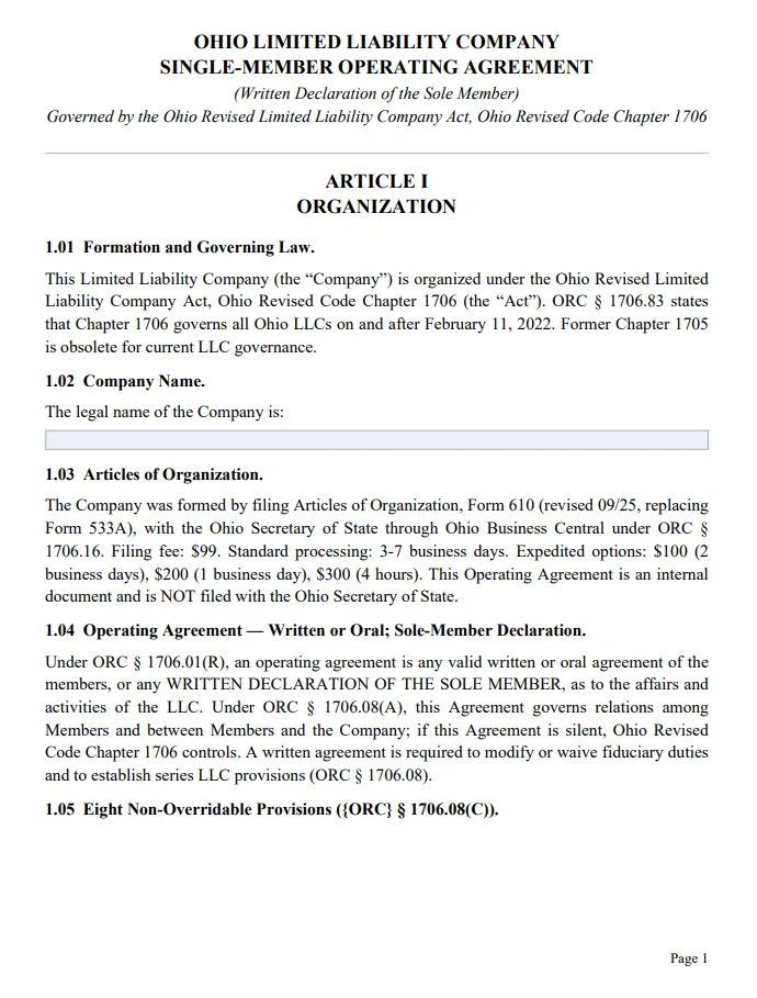 Ohio Single-Member Operating Agreement - Free Updated Template for 2026