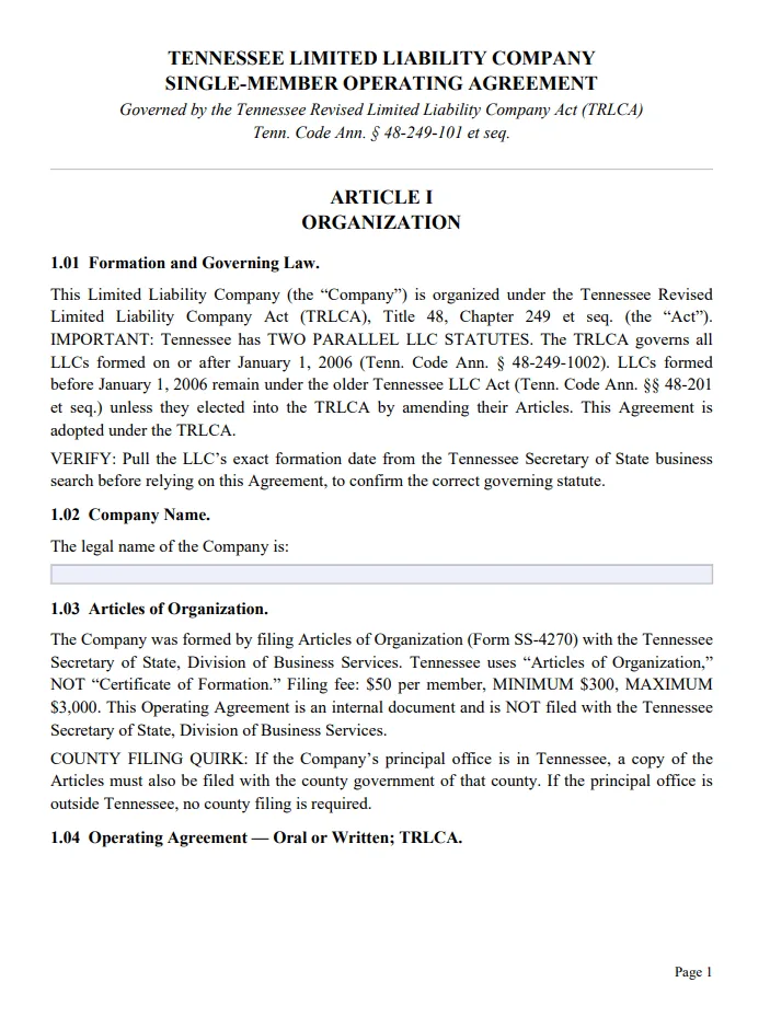 Tennessee Single-Member Operating Agreement - Free Updated Template for 2026