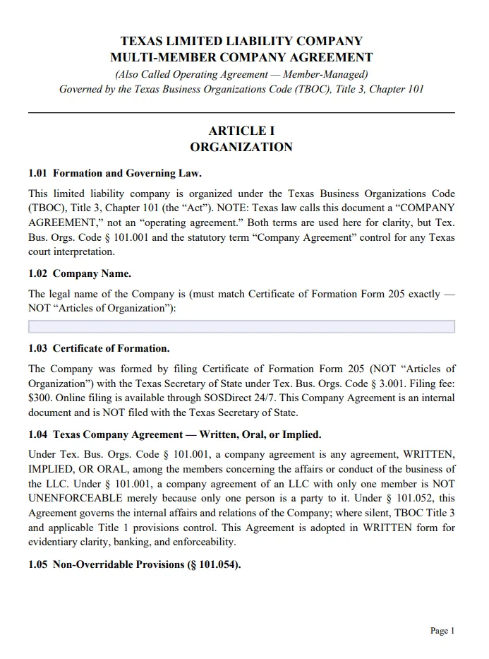 Texas Multi-Member Operating Agreement - Free Updated Template for 2026