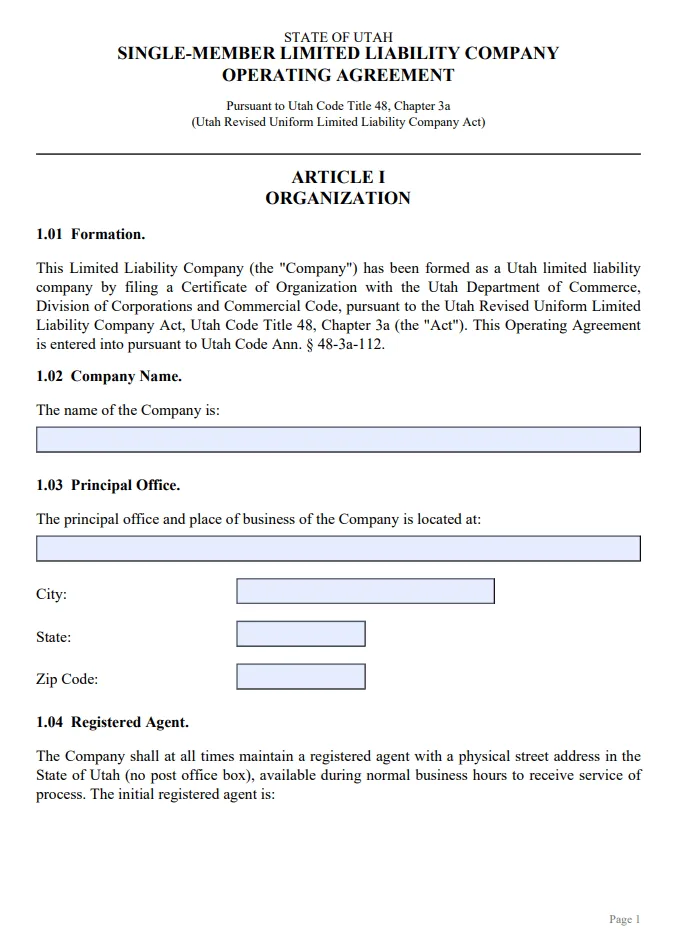 Utah Single-Member Operating Agreement - Free Updated Template for 2026