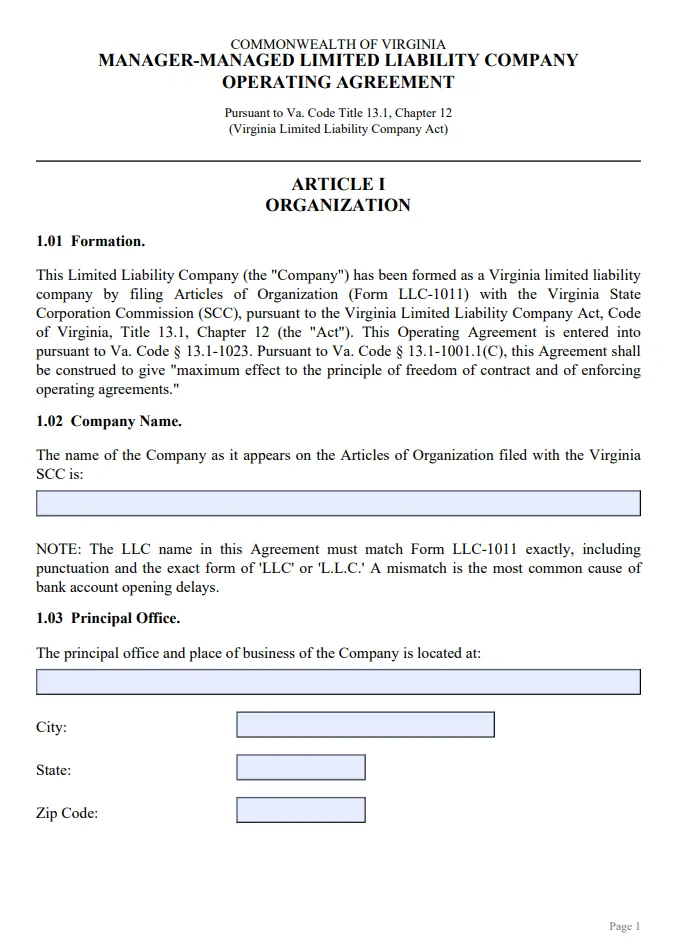 Virginia Manager-Managed Operating Agreement - Free Updated Template for 2026