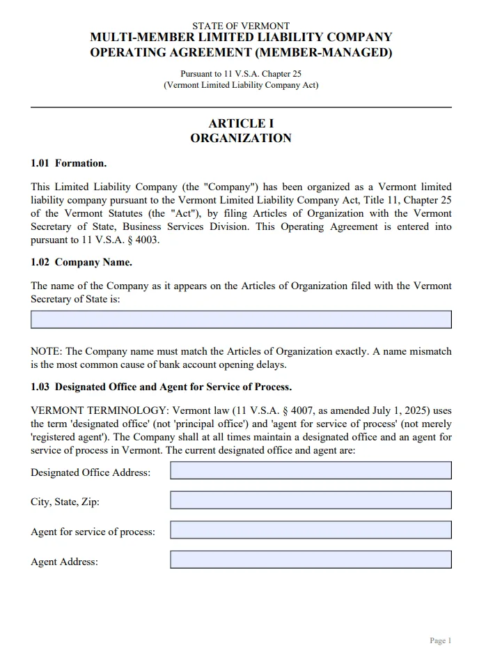 Vermont LLC operating agreement template preview Vermont Multi-Member Operating Agreement - Free Updated Template for 2026