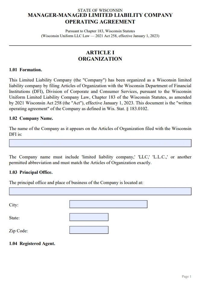 Wisconsin Manager-Managed Operating Agreement - Free Updated Template for 2026