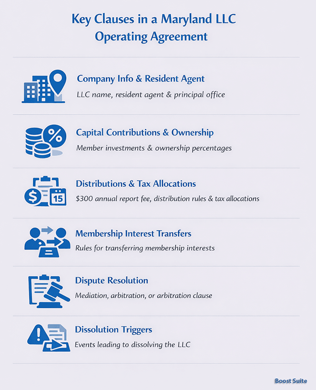 Maryland LLC Operating Agreement: Free Template + What the Statute Actually Requires (2026) 1 Maryland LLC operating agreement clauses infographic