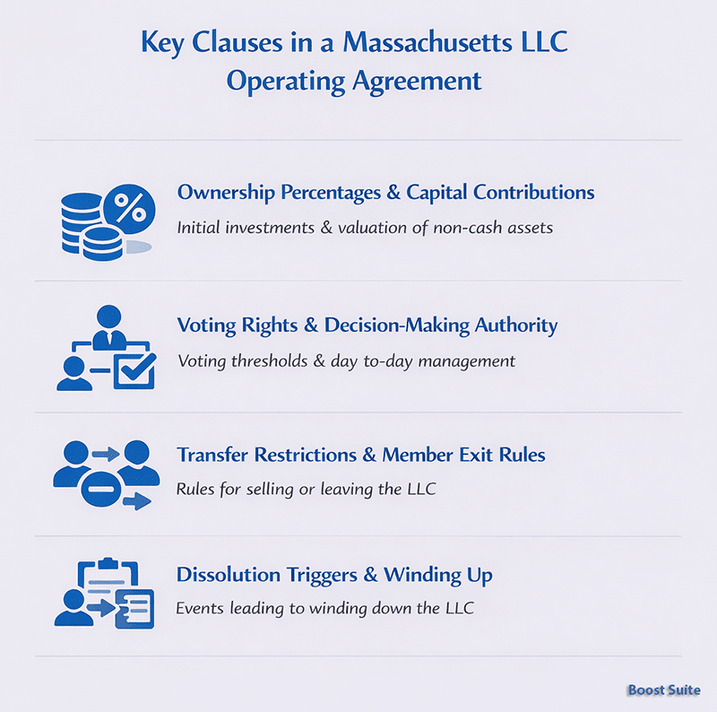 Massachusetts LLC Operating Agreement: Oral vs. Written Rules (2026) 1 Key Clauses to include in a Massachusetts LLC operating agreement