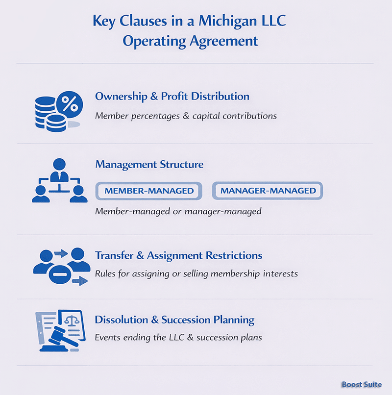 Michigan LLC Operating Agreement: What LARA Rules Require + Free Template (2026) 1 Visual guide to key clauses in a Michigan LLC operating agreement
