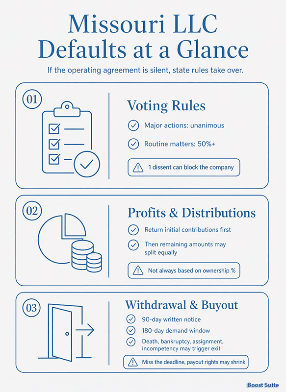 Missouri LLC Operating Agreement: What You Need + Free Template (2026) 1 Missouri LLC default rules illustration