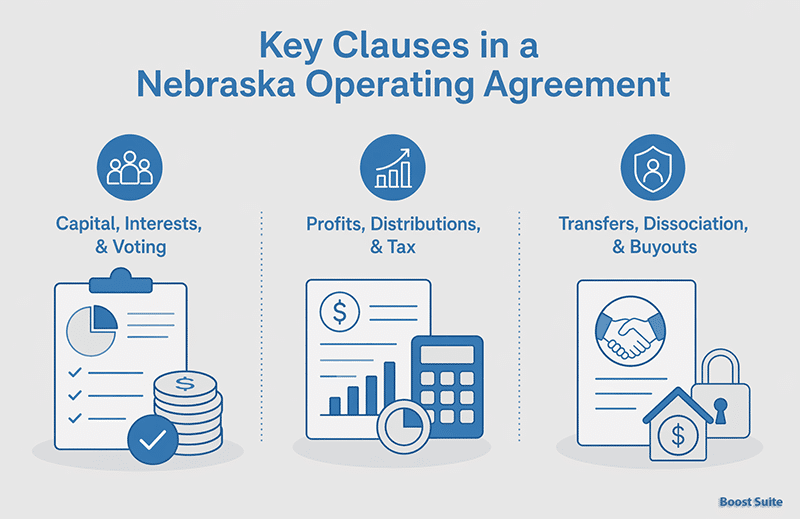How to Draft a Nebraska LLC Operating Agreement (2026) 1 Key clauses in a Nebraska LLC operating agreement