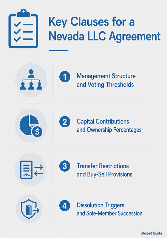 What Goes Into a Nevada LLC Operating Agreement (2026) 1 Key clauses in a Nevada LLC operating agreement