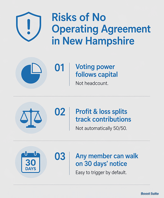 New Hampshire LLC Operating Agreement: What You Need + Free Template (2026) 1 New Hampshire no operating agreement risks illustration