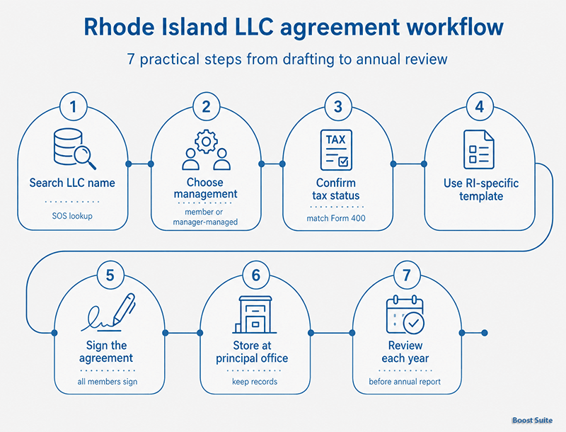 Rhode Island LLC Operating Agreement: Free Template (PDF & Word) 2026 1 Rhode Island LLC operating agreement workflow illustration