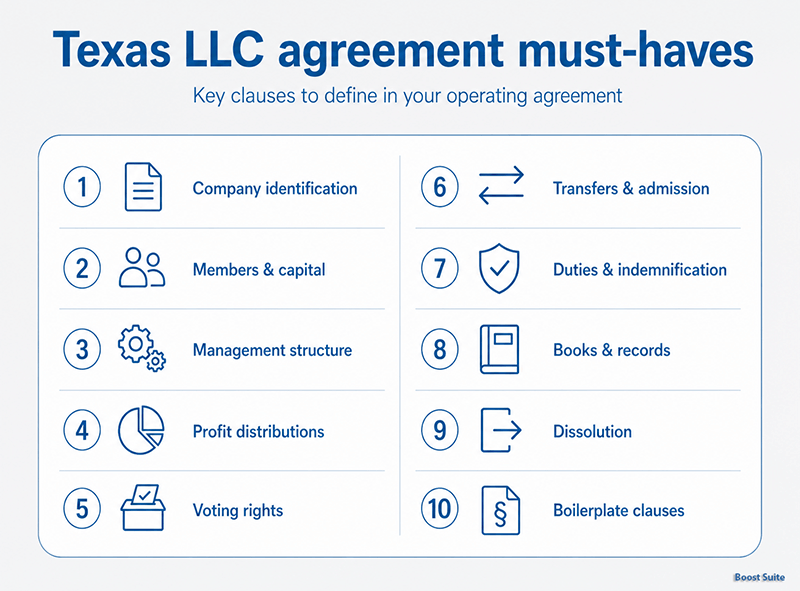 Free Texas LLC Operating Agreement Template (2026 Guide) 1 Texas LLC operating agreement checklist illustration
