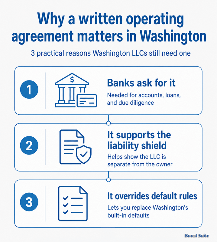 Washington LLC Operating Agreement: Free PDF & Word (2026) 1 Washington LLC written operating agreement benefits illustration