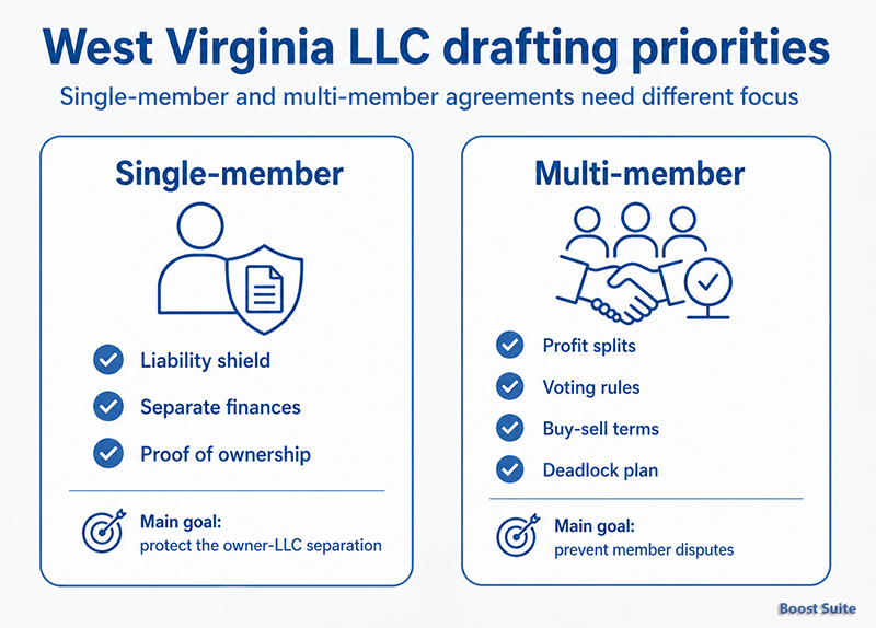 West Virginia LLC Operating Agreement: Rules + Free Template 1 West Virginia single-member vs multi-member operating agreement illustration