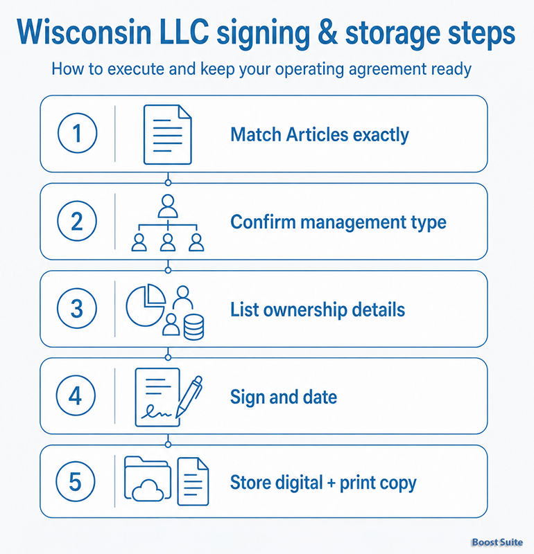 Wisconsin LLC Operating Agreement: What You Need + Free Template (2026) 1 Wisconsin LLC operating agreement signing and storage steps
