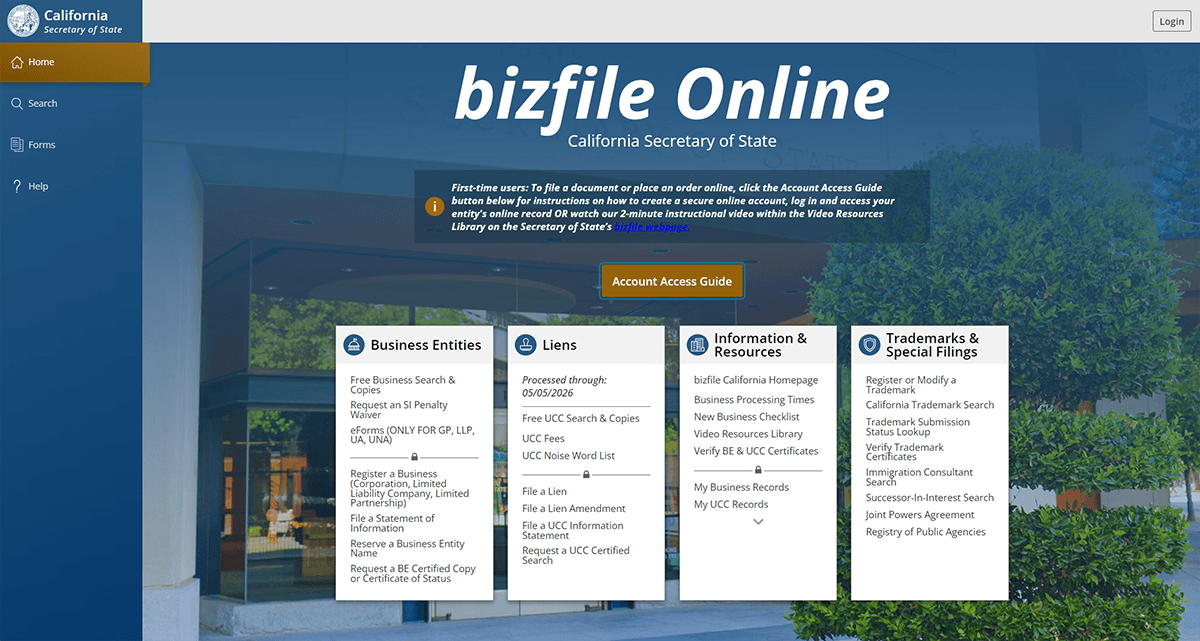 California LLC Biennial Report (2026 LLC-12 Guide) 1 California BizFile Online homepage