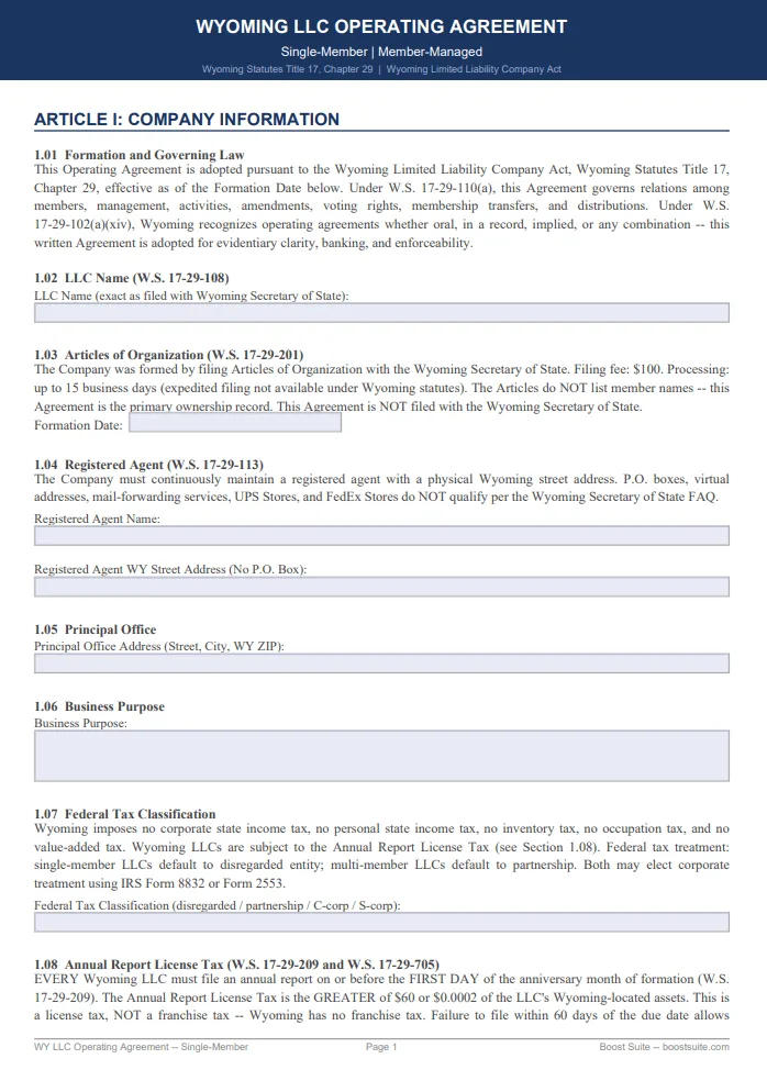 Wyoming LLC operating agreement template preview Wyoming Single-Member Operating Agreement - Free Updated Template for 2026