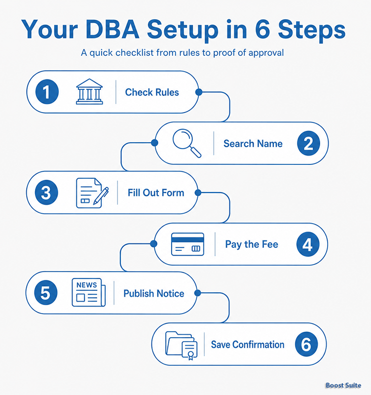 DBA Guide: Meaning, When You Need It, Setup Steps, and Renewal 1 6-step infographic showing how to register a DBA