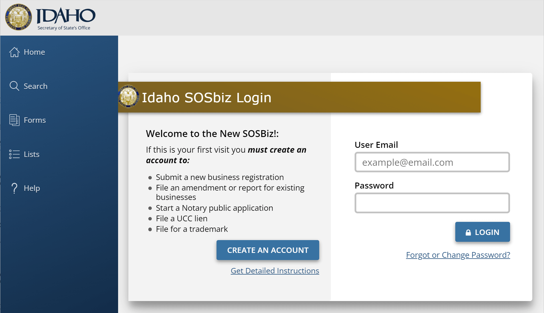 Idaho LLC Annual Report (2026 Filing Guide) 1 Idaho SOSBiz account creation page for LLC filing
