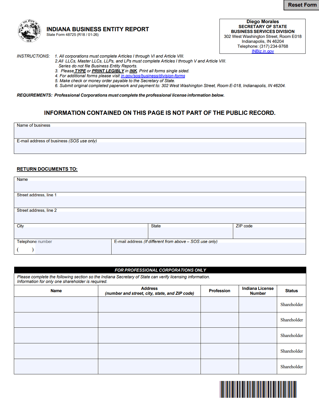 Indiana LLC Business Entity Report (Biennial 2026 Guide) 3 Indiana State Form 48725 for filing an LLC business entity report by mail